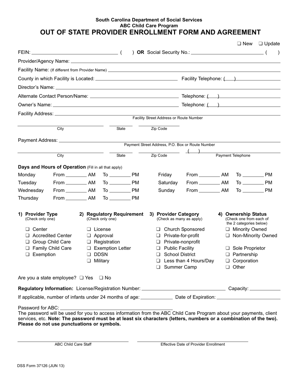 DSS Form 37126 Out of State Provider Enrollment Form and Agreement - South Carolina, Page 1