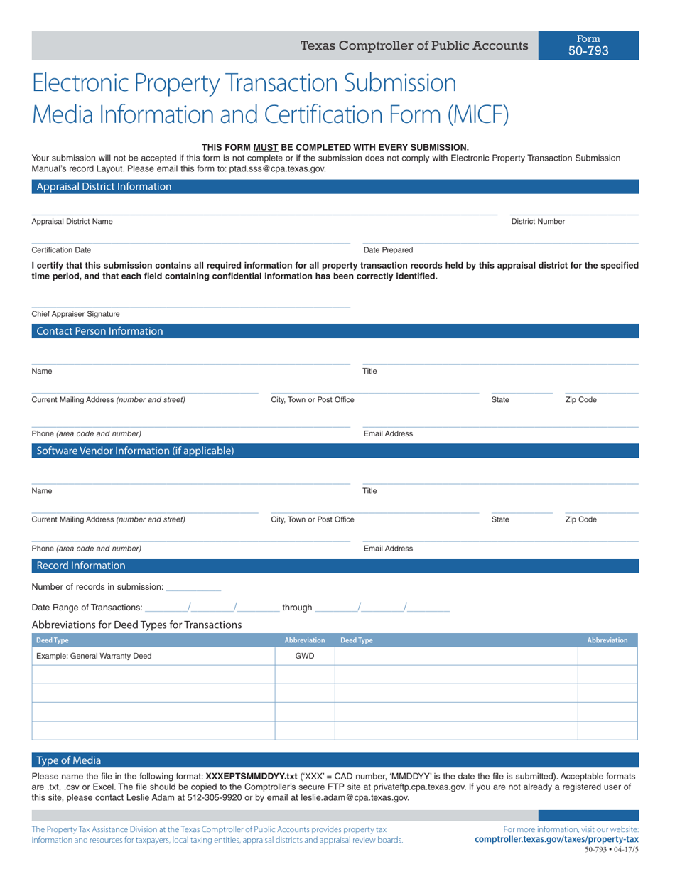 Form 50-793 Electronic Property Transaction Submission Media Information and Certification Form (Micf) - Texas, Page 1