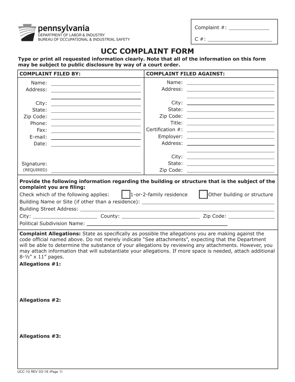 Form UCC-10 Ucc Complaint Form - Pennsylvania, Page 1