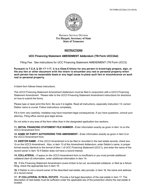 Form UCC3AD Ucc Financing Statement Amendment Addendum - Tennessee