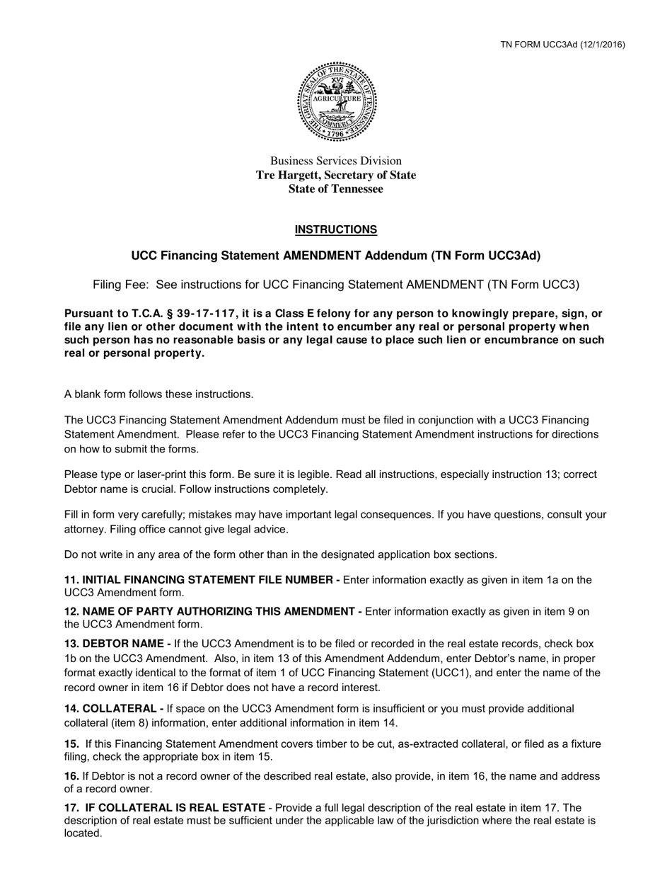 Form UCC3AD Ucc Financing Statement Amendment Addendum - Tennessee, Page 1
