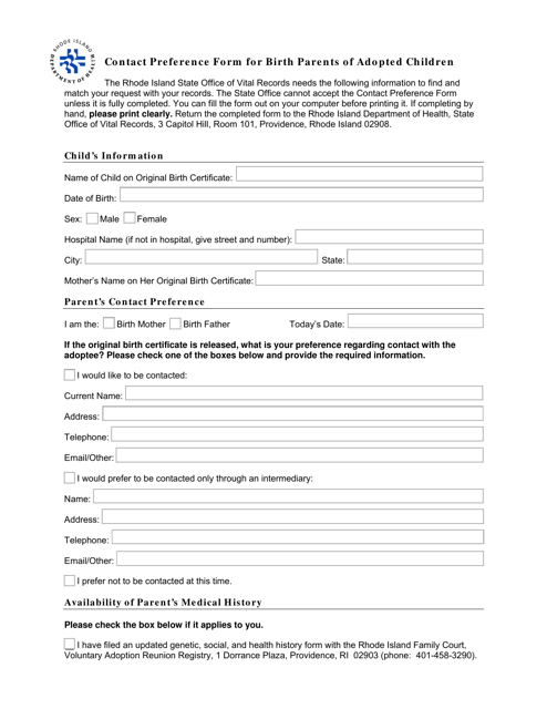 Contact Preference Form for Birth Parents of Adopted Children - Rhode Island Download Pdf