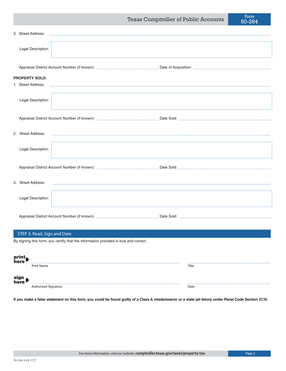 Form 50-264 List of Property Acquired or Sold  Tax Code Section 11.182 Community Housing Development Organization Improving Property for Low-Income and Moderate-Income Housing Property Previously Exempt - Texas, Page 2