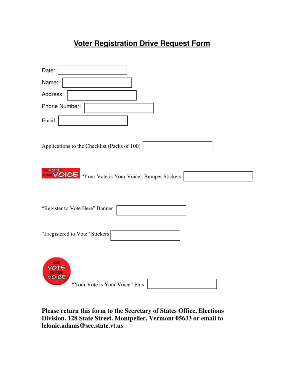 Voter Registration Drive Request Form - Vermont, Page 1