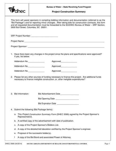 DHEC Form 3589  Printable Pdf