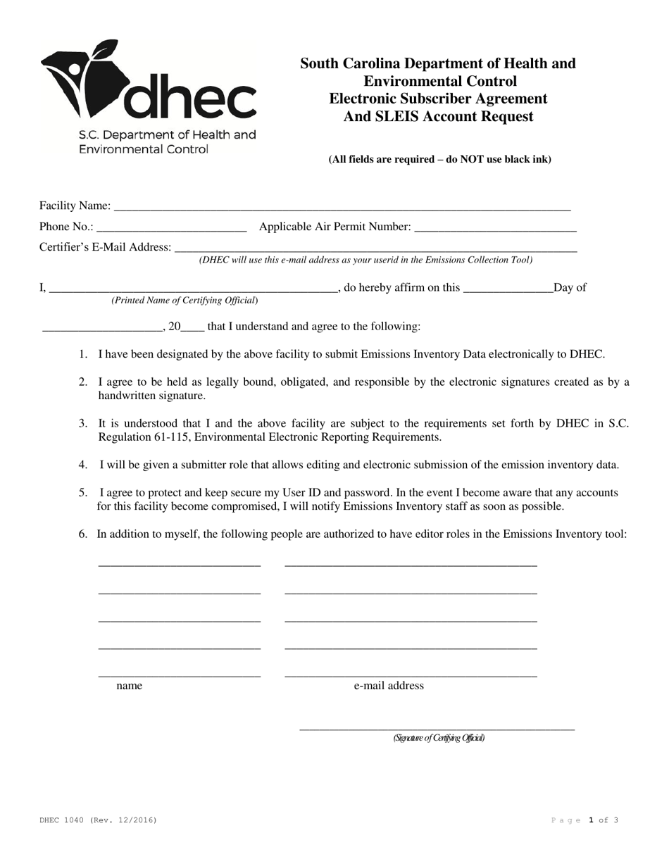 DHEC Form 1040 Electronic Subscriber Agreement and Sleis Account Request - South Carolina, Page 1