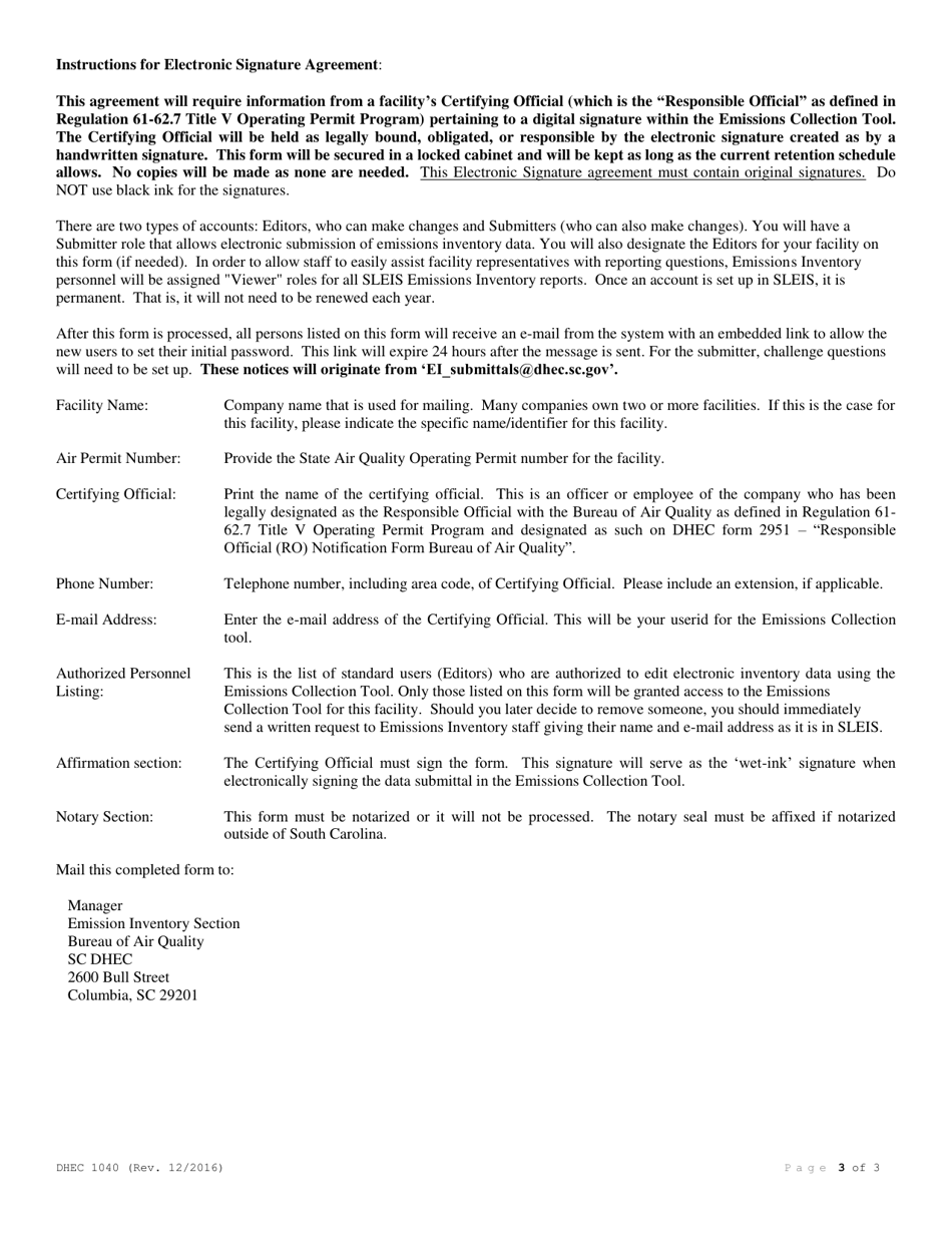 DHEC Form 1040 Electronic Subscriber Agreement and Sleis Account Request - South Carolina, Page 3