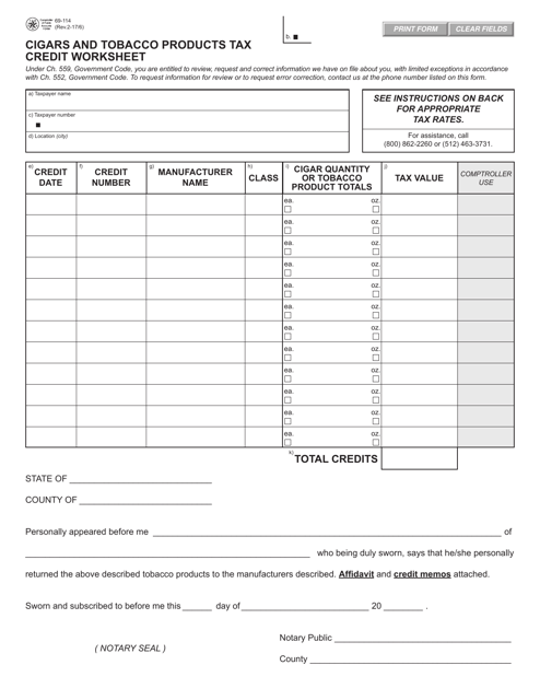 Form 69-114 Cigars and Tobacco Products Tax Credit Worksheet - Texas