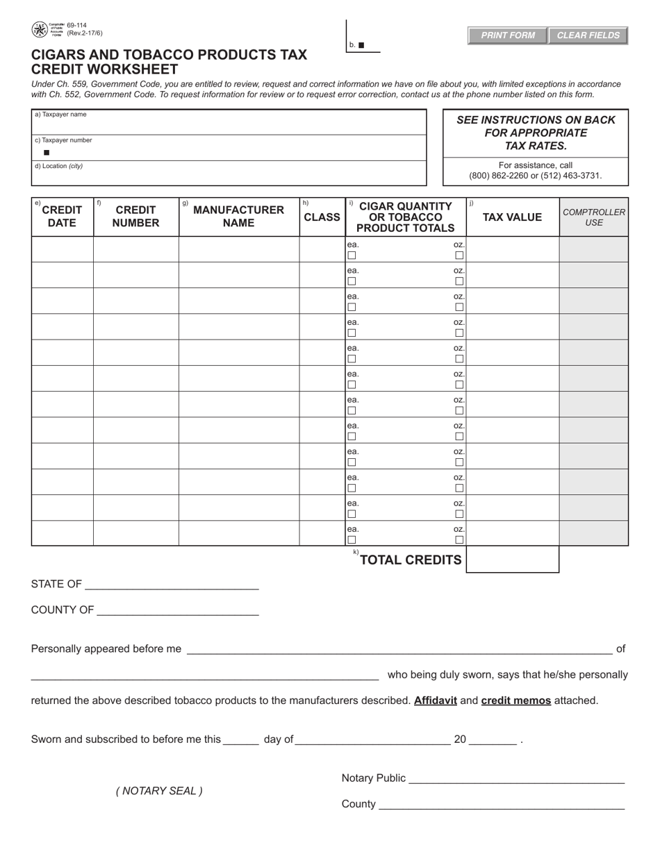 Form 69-114 Cigars and Tobacco Products Tax Credit Worksheet - Texas, Page 1