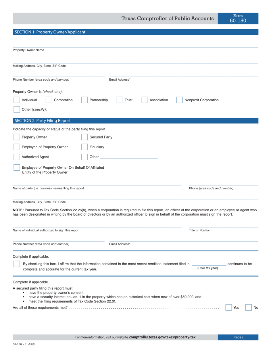 Form 50-150 Oil and Gas Rendition of Taxable Property - Texas, Page 2