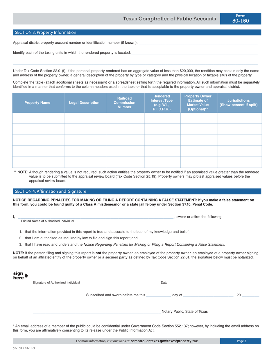 Form 50-150 Oil and Gas Rendition of Taxable Property - Texas, Page 3