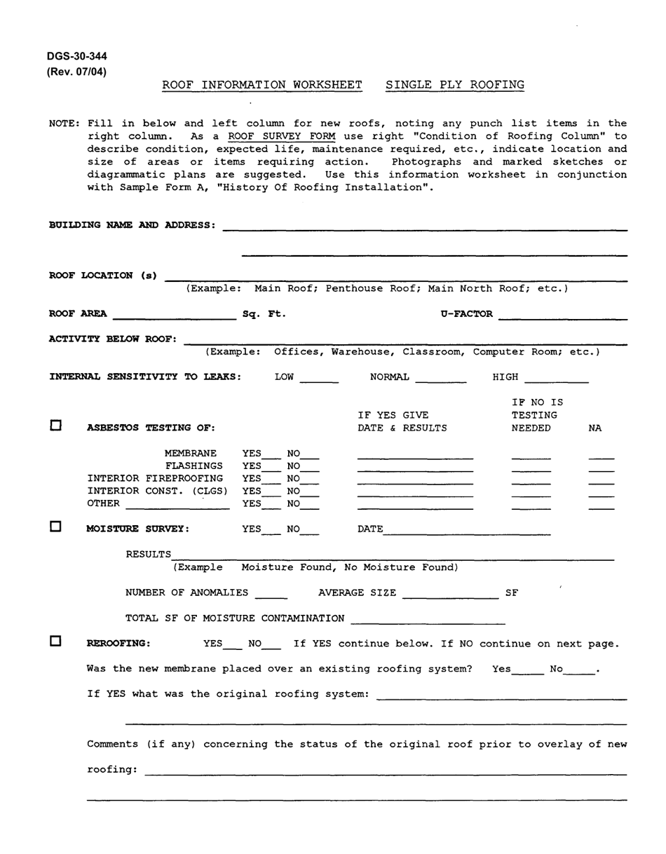 Form DGS-30-344 Rood Information Worksheet - Single Ply Roofing - Virginia, Page 1