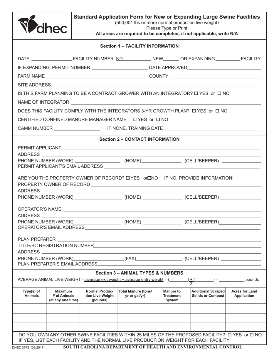 DHEC Form 3578 Standard Application Form for New or Expanding Large Swine Facilities (500,001 Lbs or More) - South Carolina, Page 1
