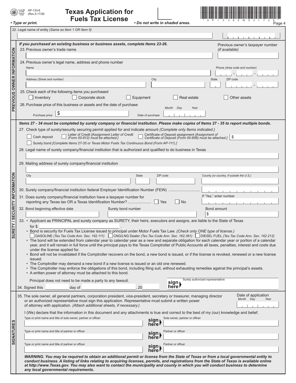 Form AP-133 Texas Application for Fuels Tax License - Texas, Page 6