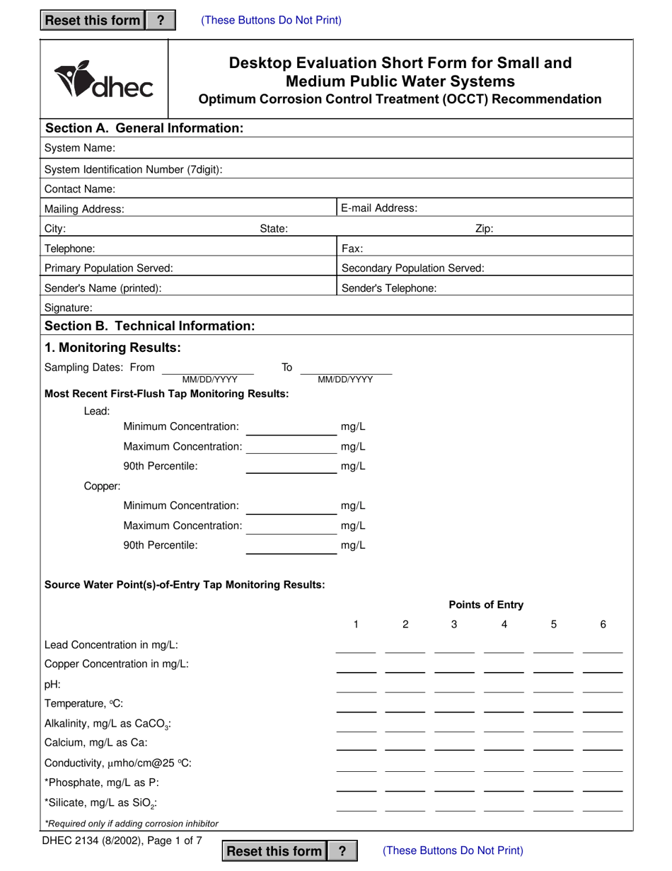 DHEC Form 2134 Optimum Corrosion Control Treatment (Occt) Recommendation - Desktop Evaluation Short Form for Small and Medium Public Water Systems - South Carolina, Page 1