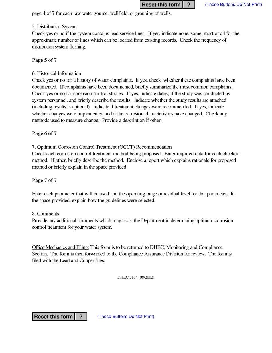 DHEC Form 2134 Optimum Corrosion Control Treatment (Occt) Recommendation - Desktop Evaluation Short Form for Small and Medium Public Water Systems - South Carolina, Page 9