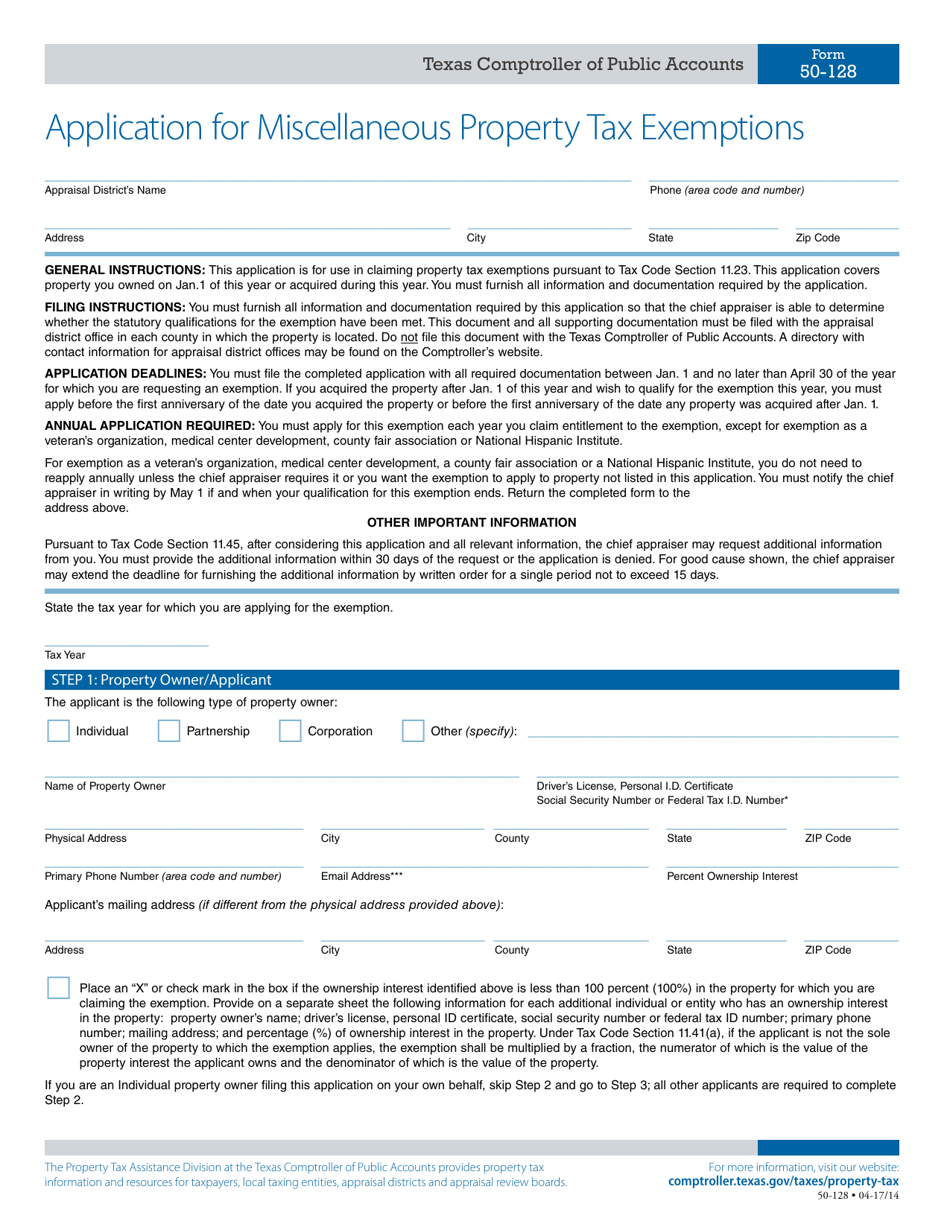 Form 50-128 Application for Miscellaneous Property Tax Exemptions - Texas, Page 1
