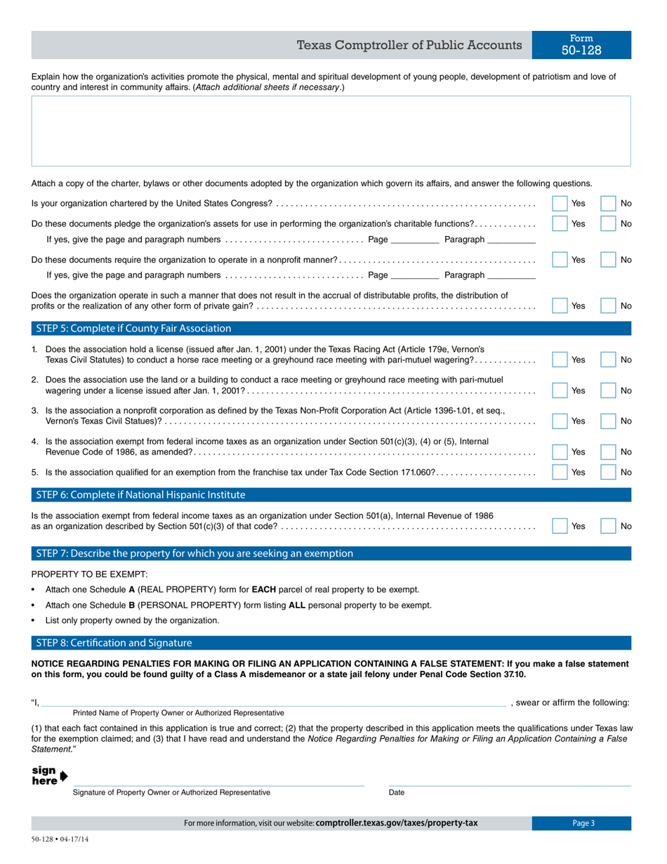 Form 50-128 Application for Miscellaneous Property Tax Exemptions - Texas, Page 3