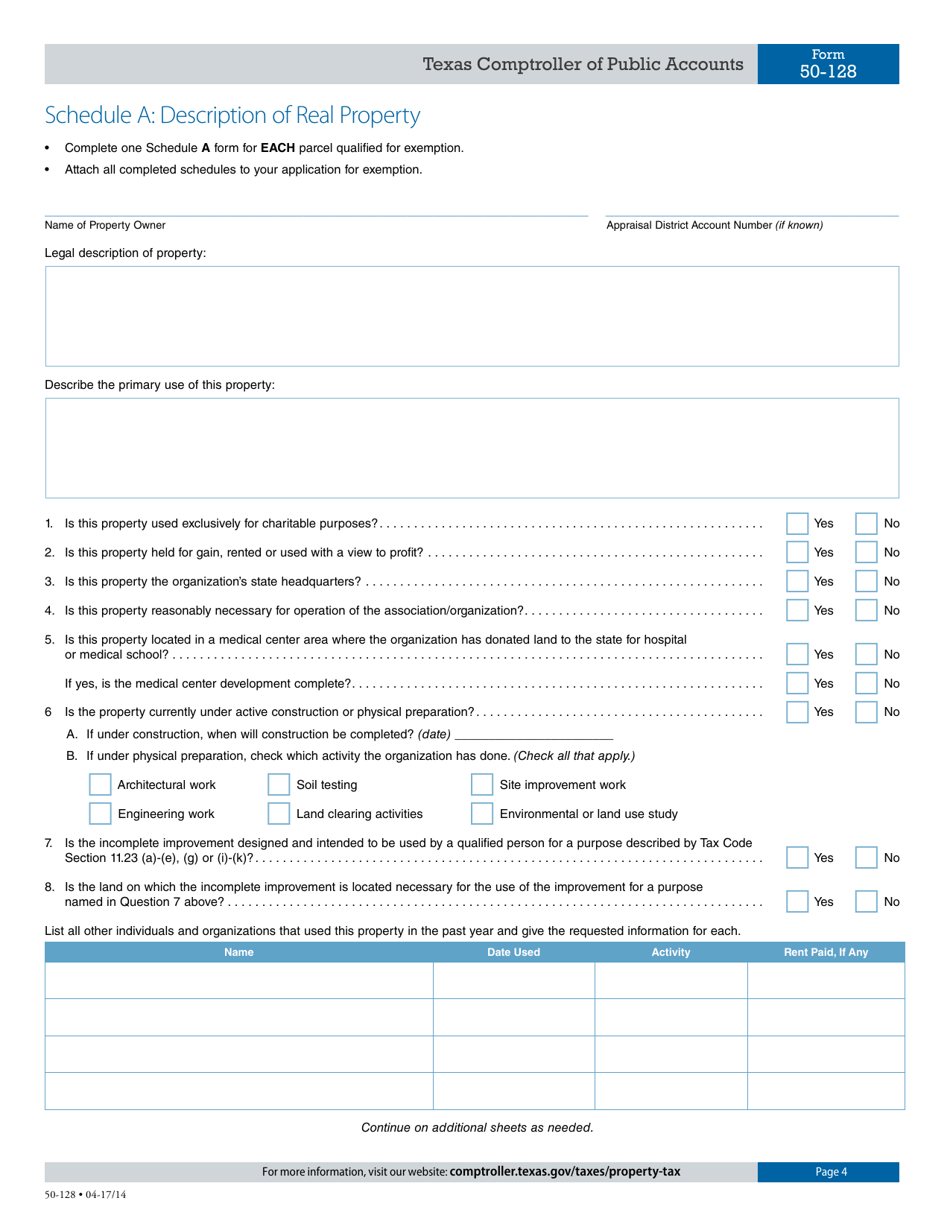 Form 50-128 Application for Miscellaneous Property Tax Exemptions - Texas, Page 4