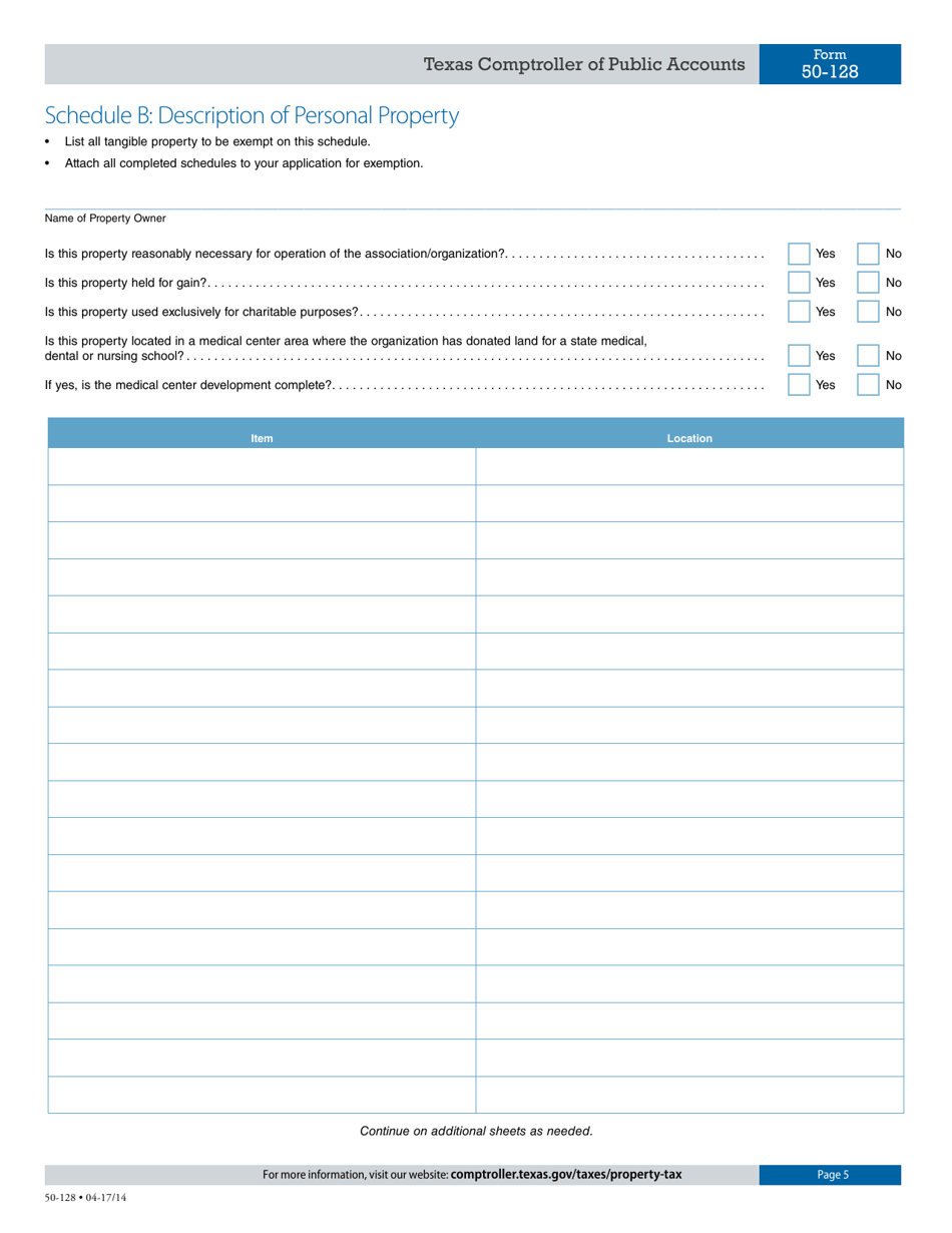 Form 50-128 Application for Miscellaneous Property Tax Exemptions - Texas, Page 5