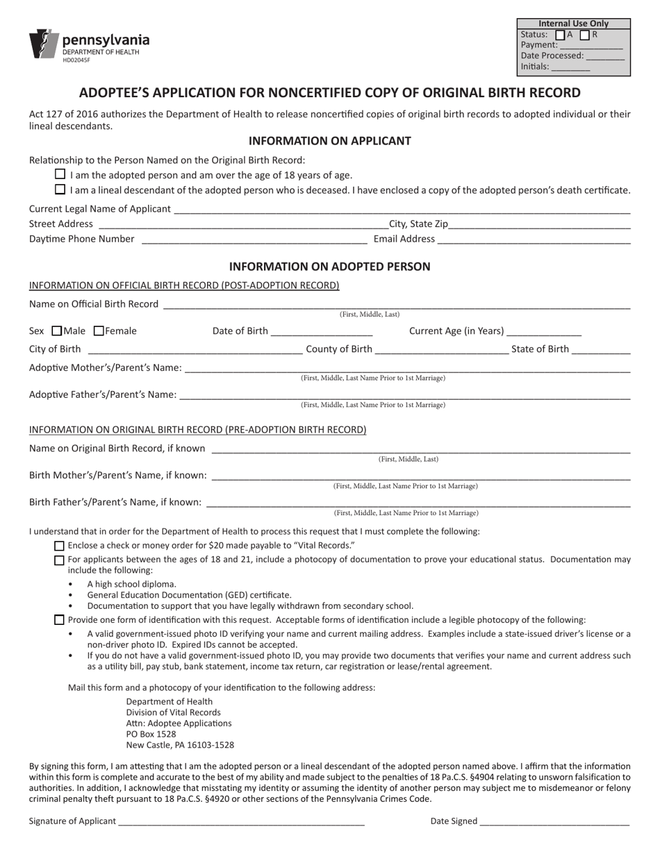 Form HD02045F Adoptees Application for Noncertified Copy of Original Birth Record - Pennsylvania, Page 1