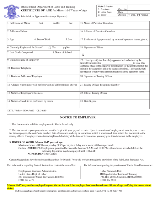 Certificate of Age for Minors 16-17 Years of Age - Rhode Island Download Pdf