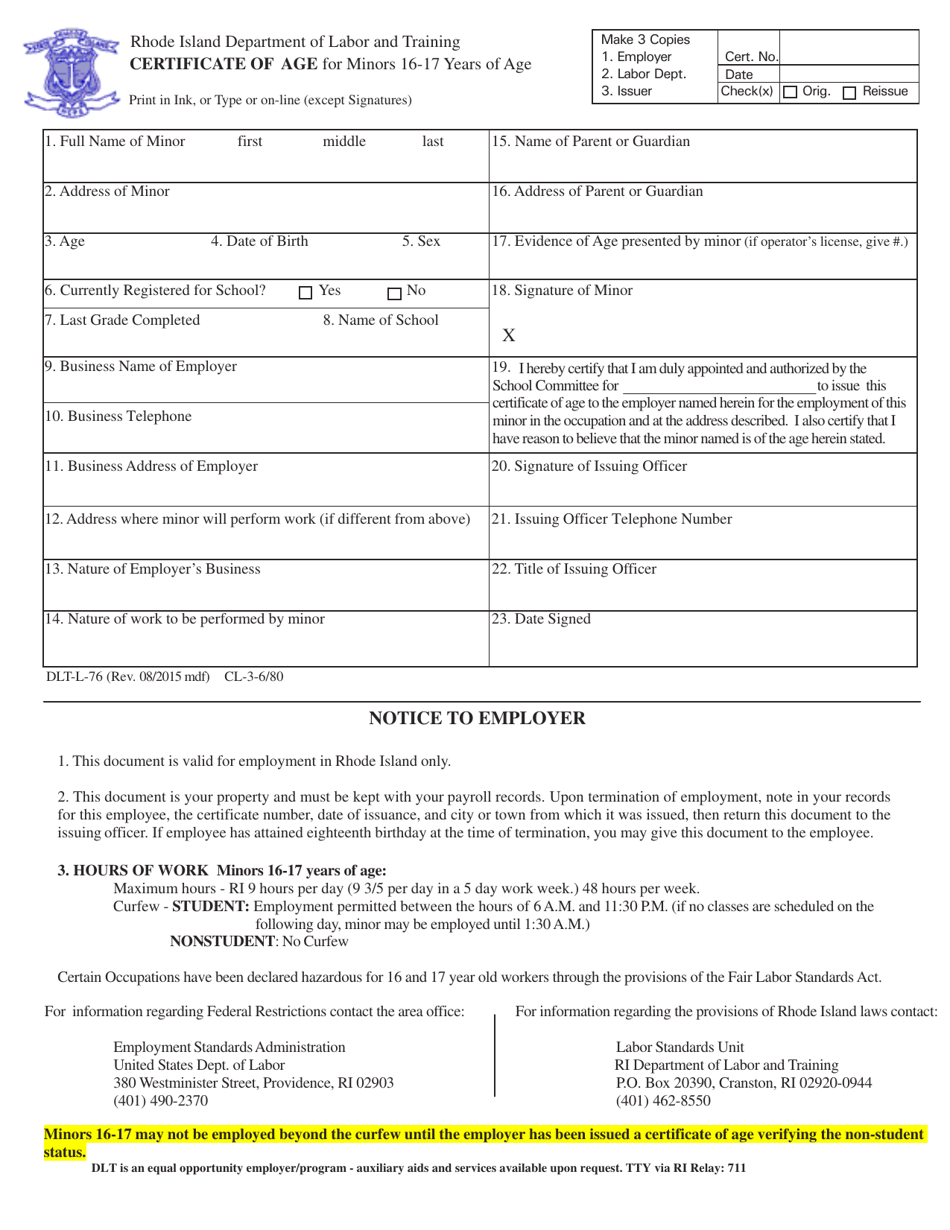 Certificate of Age for Minors 16-17 Years of Age - Rhode Island, Page 1