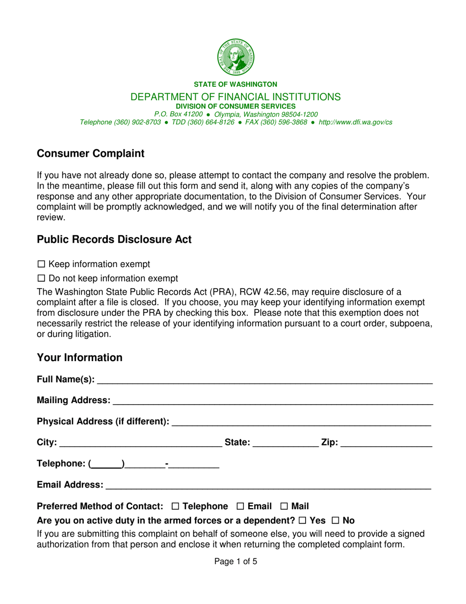 Washington Loan Complaint Form Download Printable PDF Templateroller
