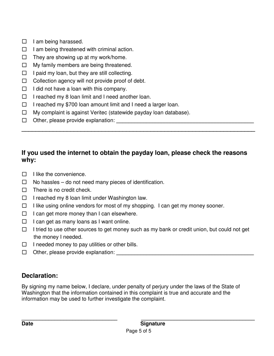 Loan Complaint Form - Washington, Page 5