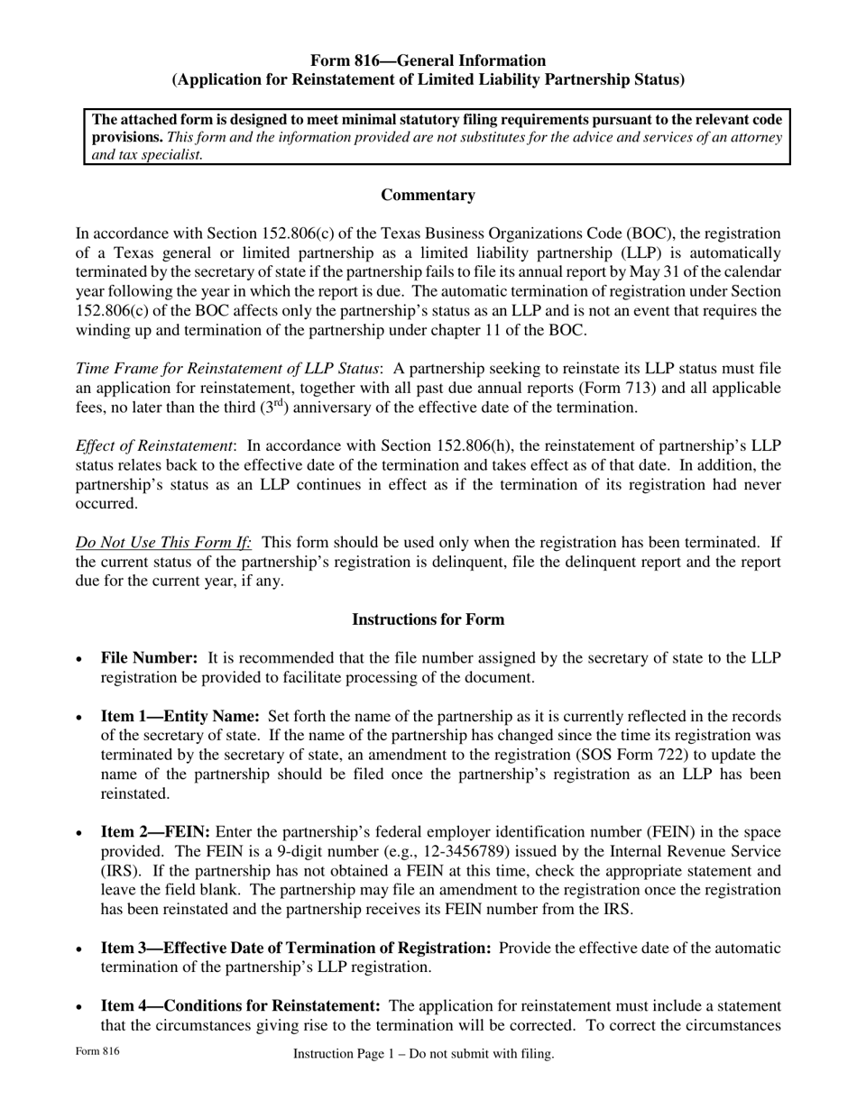 Form 816 - Fill Out, Sign Online and Download Fillable PDF, Texas ...