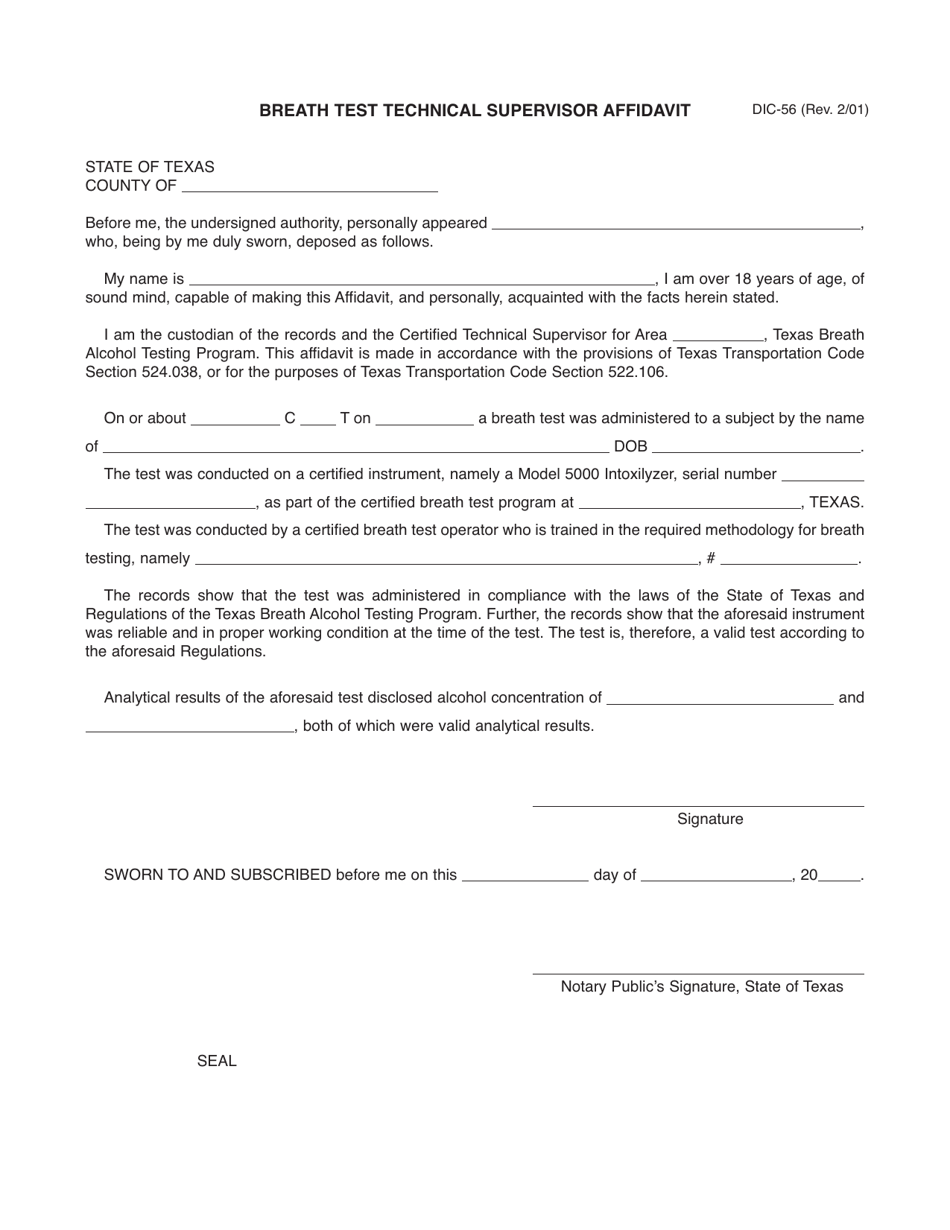 Form DIC-56 Breath Test Technical Supervisor Affidavit - Texas, Page 1