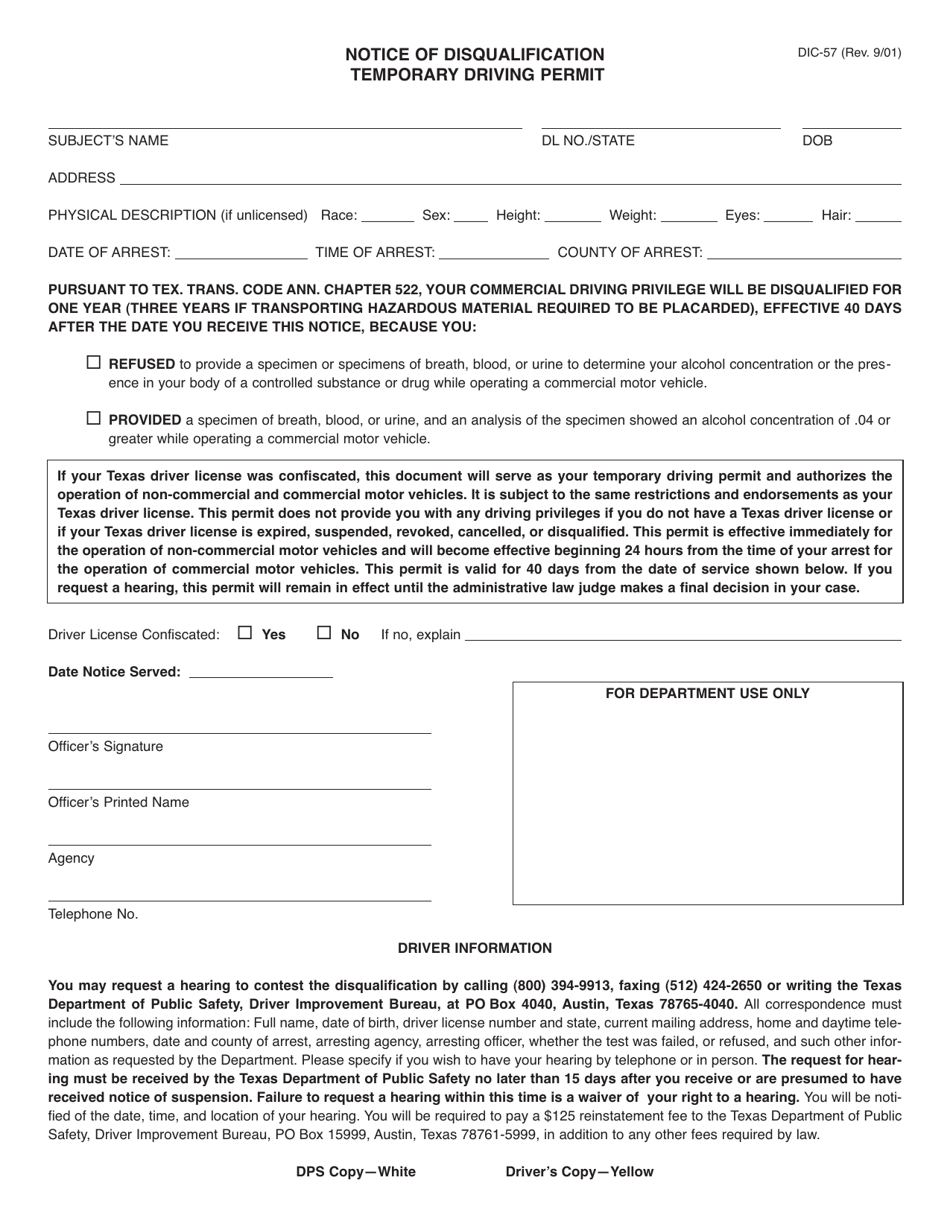 Form DIC-57 Notice of Disqualification - Texas, Page 1