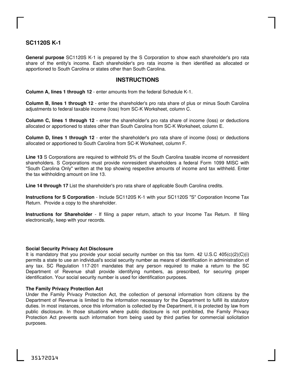 Form SC1120S K-1 Shareholders Share of South Carolina Income, Deductions, Credits, Etc. - South Carolina, Page 2