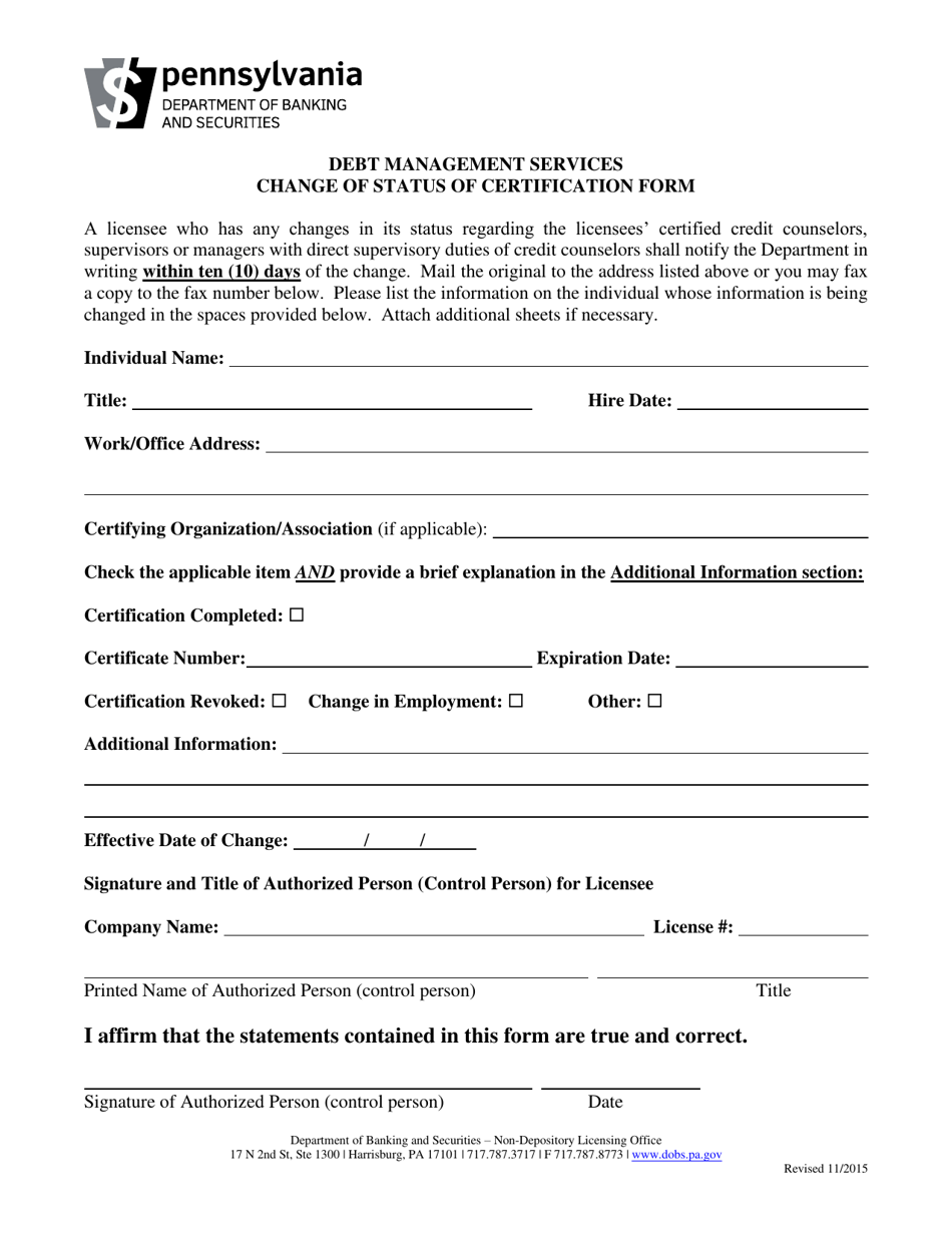 Change of Status of Certification Form - Pennsylvania, Page 1