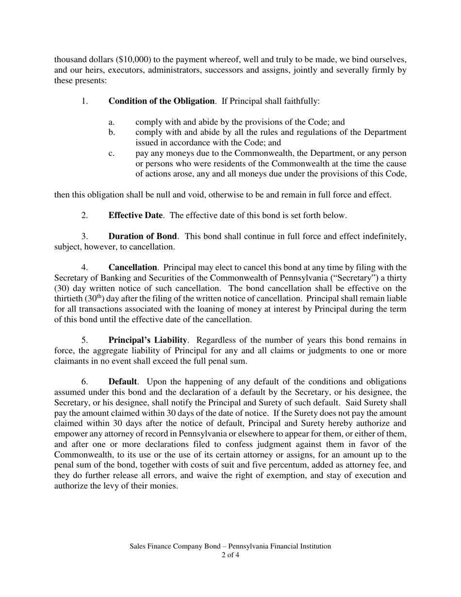 Sales Finance Company Bond - Pennsylvania Financial Institution - Pennsylvania, Page 2