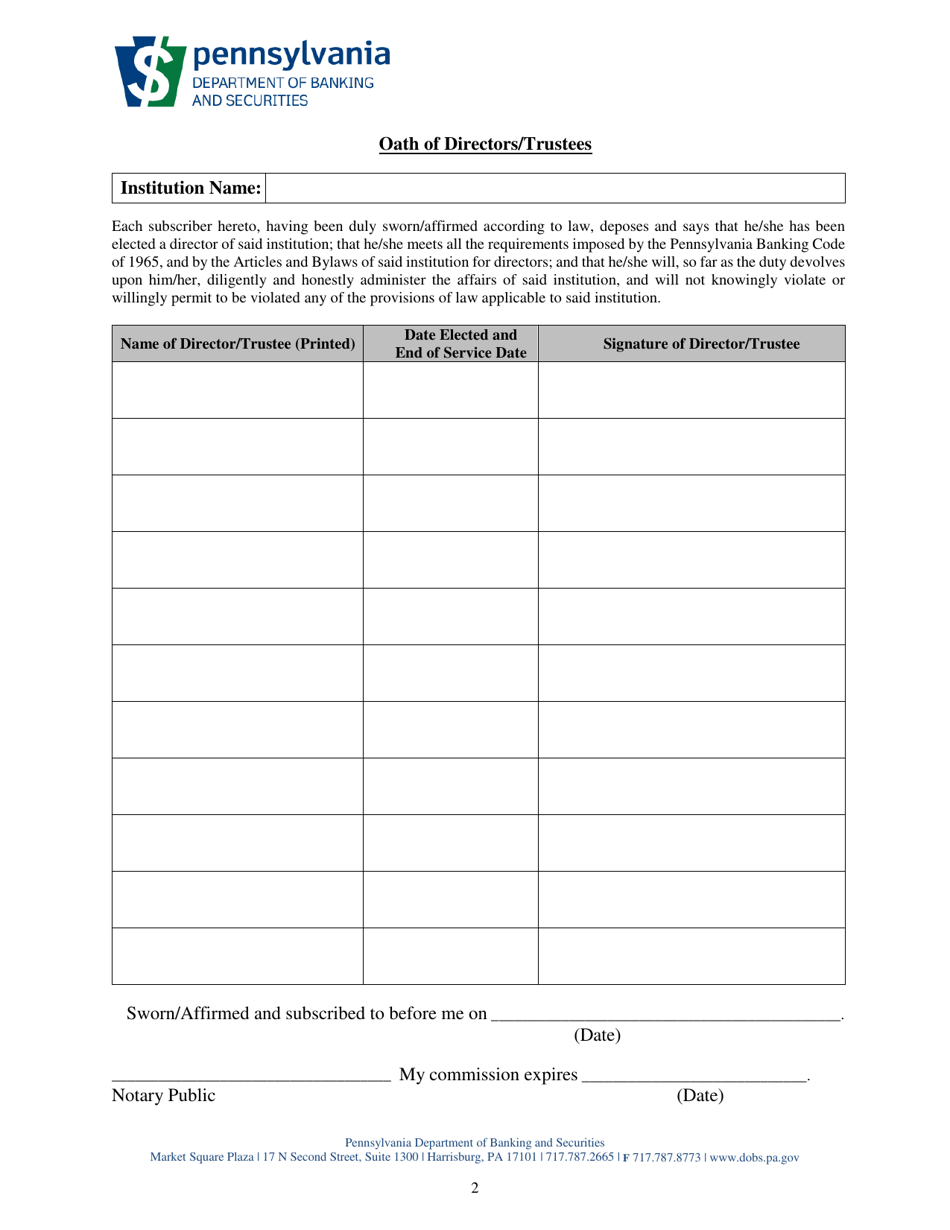 Oath and Roster Forms - Directors / Trustees and Officers - Shareholder Elected - Pennsylvania, Page 2