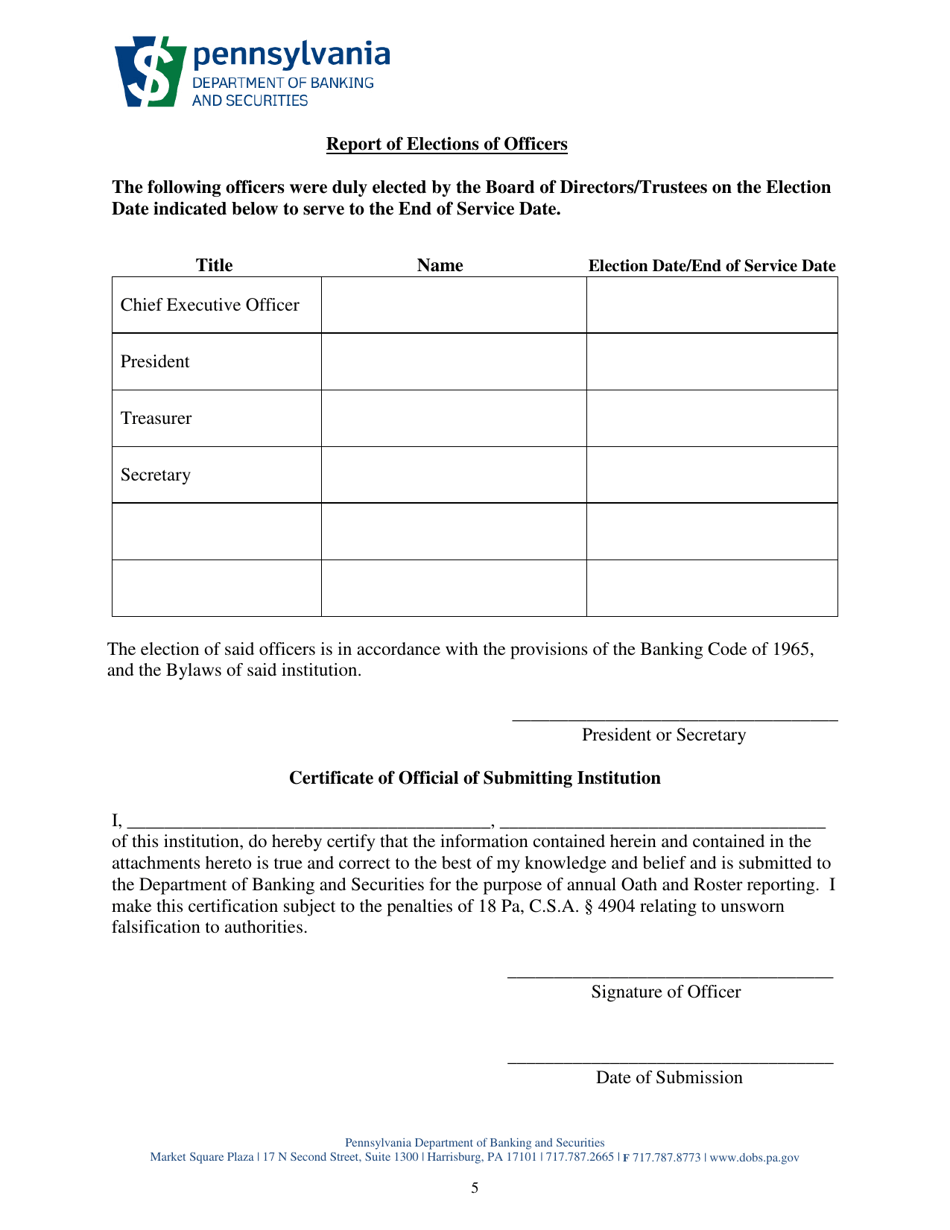 Oath and Roster Forms - Directors / Trustees and Officers - Shareholder Elected - Pennsylvania, Page 5