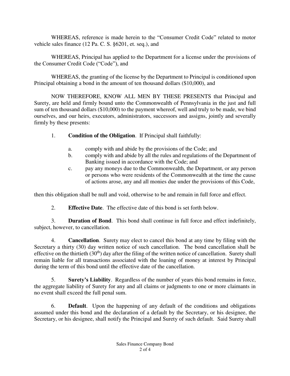 Sales Finance Company Bond - Pennsylvania, Page 2
