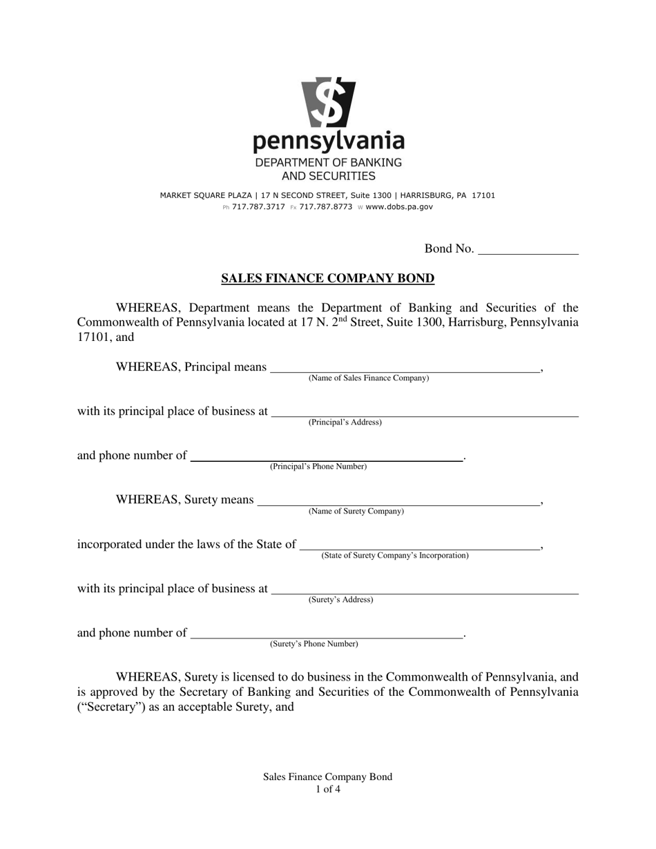 Pennsylvania Sales Finance Company Bond - Fill Out, Sign Online and ...