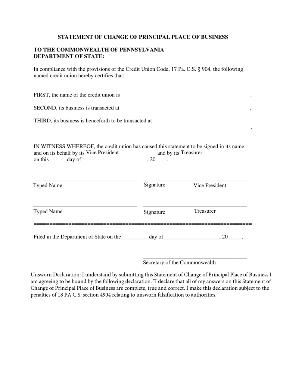 Statement of Change of Principal Place of Business - Pennsylvania, Page 1