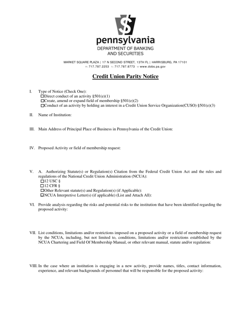 Credit Union Parity Notice - Pennsylvania