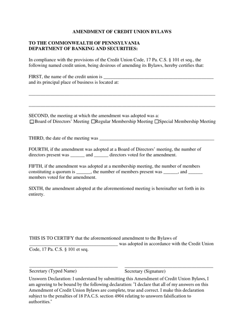 Amendment of Credit Union Bylaws - Pennsylvania Download Pdf