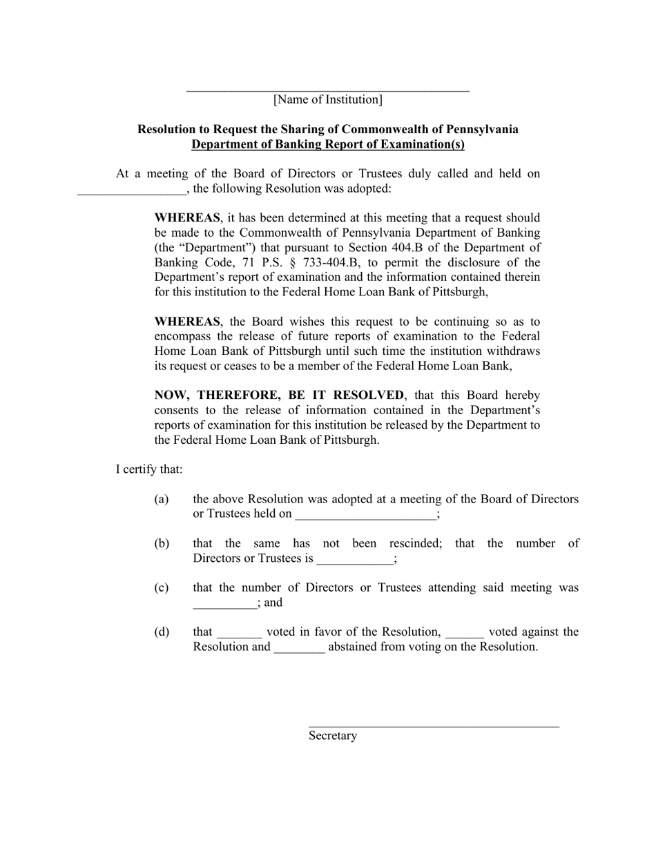 Federal Home Loan Bank Resolution to Request the Sharing of Commonwealth of Pennsylvania Department of Banking and Securities Report of Examination(S) - Pennsylvania, Page 1