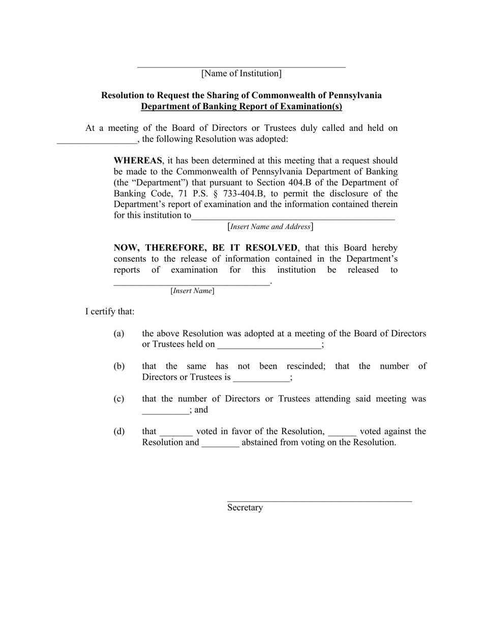 General Resolution to Request the Sharing of Commonwealth of Pennsylvania Department of Banking and Securities Report of Examination(S) - Pennsylvania, Page 1