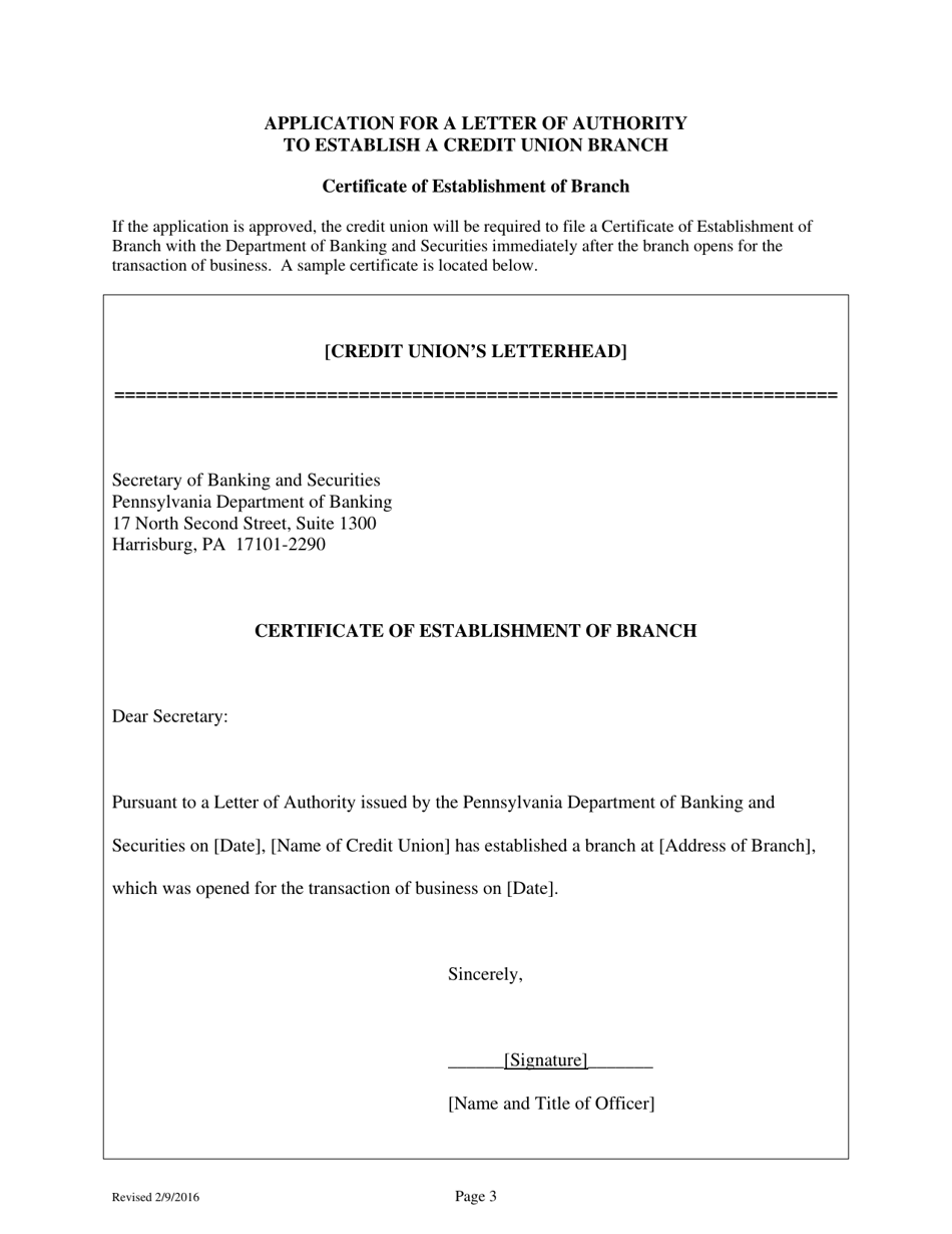 Application for a Letter of Authority to Establish a Credit Union Branch - Pennsylvania, Page 10