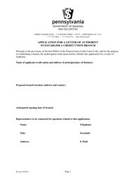 Application for a Letter of Authority to Establish a Credit Union Branch - Pennsylvania