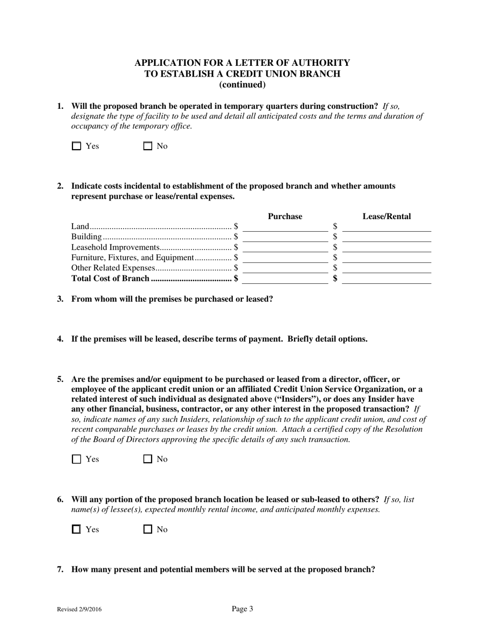 Application for a Letter of Authority to Establish a Credit Union Branch - Pennsylvania, Page 3