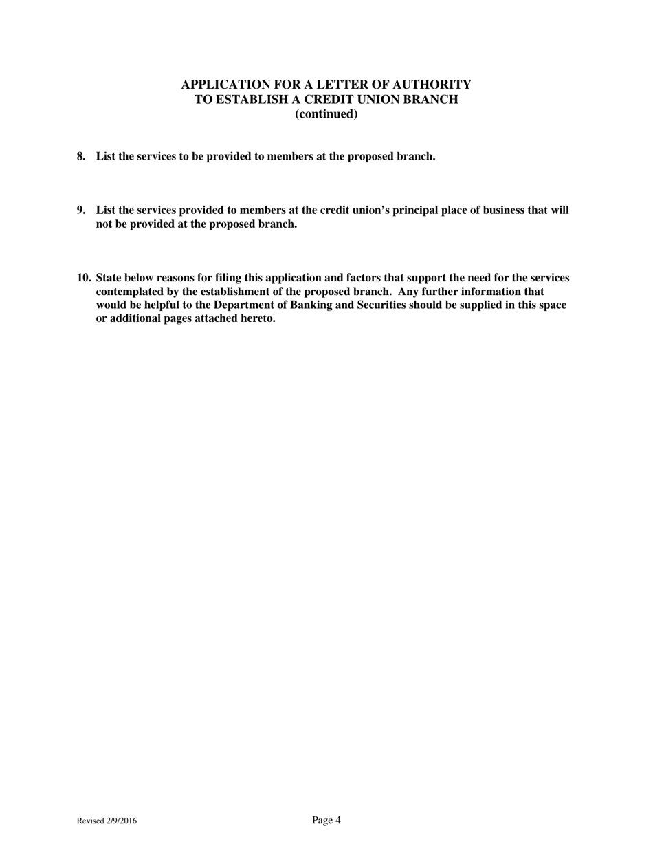 Application for a Letter of Authority to Establish a Credit Union Branch - Pennsylvania, Page 4