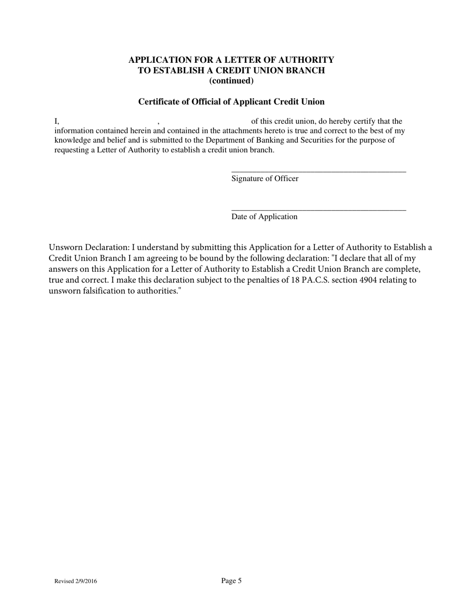 Application for a Letter of Authority to Establish a Credit Union Branch - Pennsylvania, Page 5