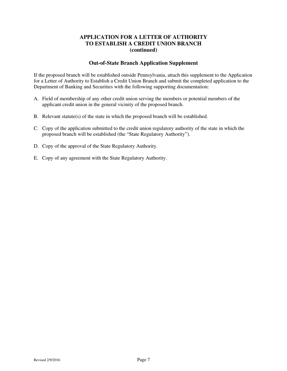 Application for a Letter of Authority to Establish a Credit Union Branch - Pennsylvania, Page 7